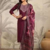 Completo Kurta dritto con carré ricamato in seta Chanderi viola