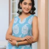 Completo Kurta dritto con pantaloni stampati in puro cotone azzurro cielo con motivi etnici