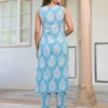 Completo Kurta dritto con pantaloni stampati in puro cotone azzurro cielo con motivi etnici