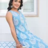 Completo Kurta dritto con pantaloni stampati in puro cotone azzurro cielo con motivi etnici