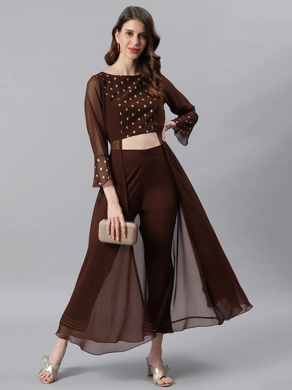 Set Kurta con motivi etnici in georgette marrone