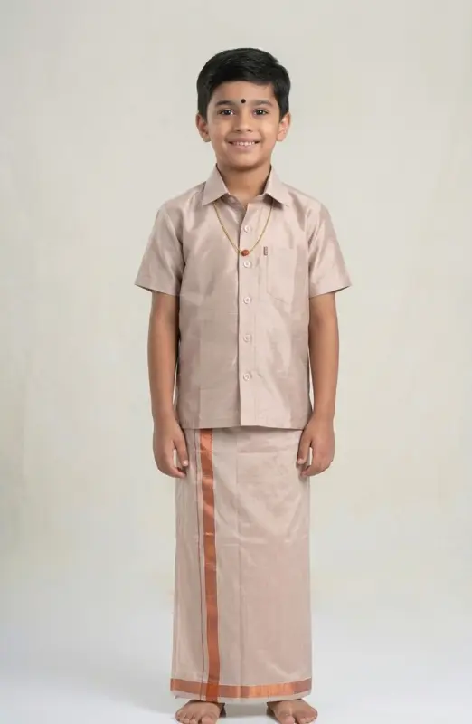 Completo dhoti e camicia in seta e cotone color rosa chiaro
