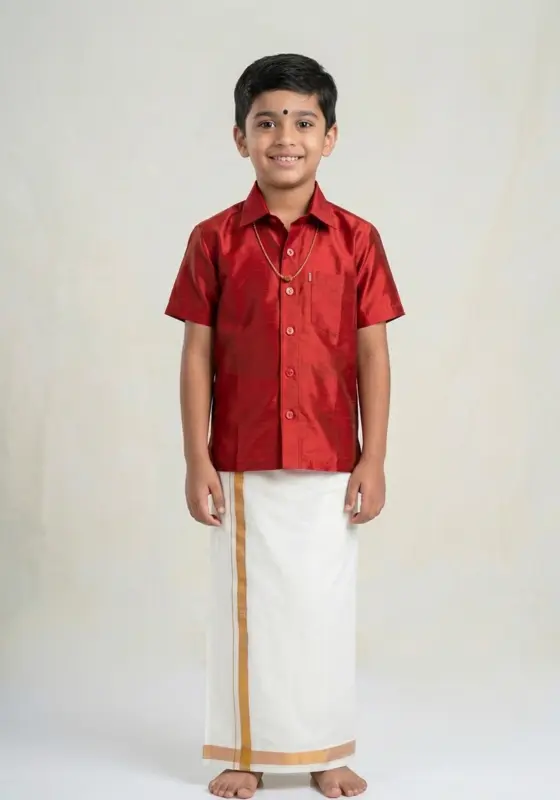 Completo dhoti e camicia in seta e cotone color rosso