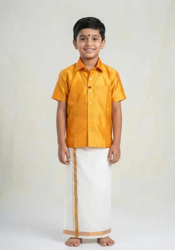 Completo dhoti e camicia in seta e cotone color oro