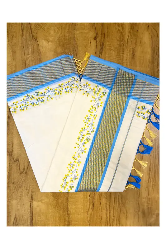 Sari con stampa floreale blu e bordi a quadri Kasavu