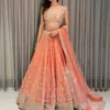 Lehenga Choli di design ricamato in seta, pesca