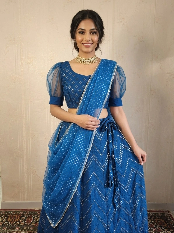 Designer Lehenga Choli in Georgette, Blu Chiaro