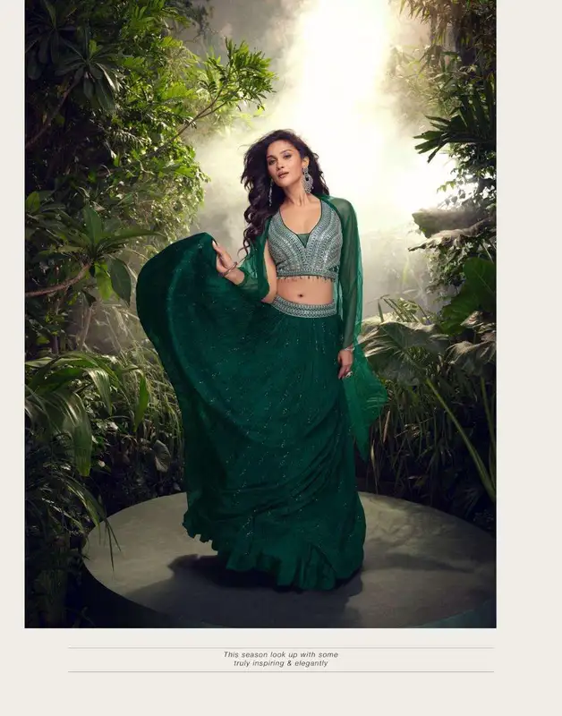 Sayuri Apurva Seta Chinon Designer Lehenga Choli Verde Scuro