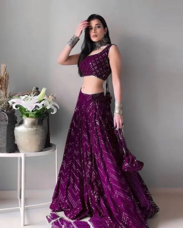 Designer Lehenga Choli in finta Georgette color vino
