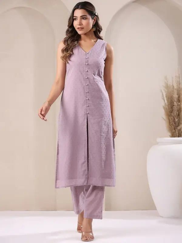 Completo Kurta con pantaloni dritti in puro cotone Dobby, con motivo personalizzato