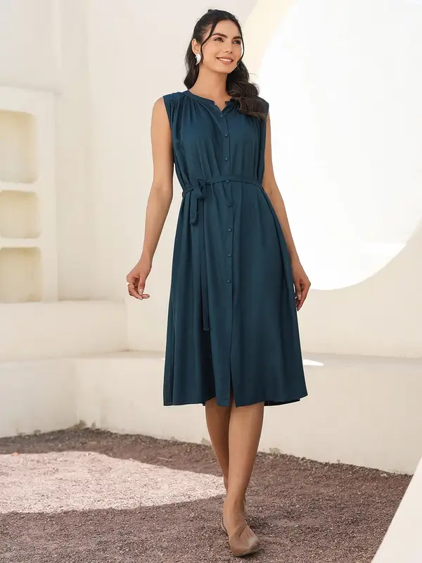 Abito a trapezio in rayon blu-verde acqua
