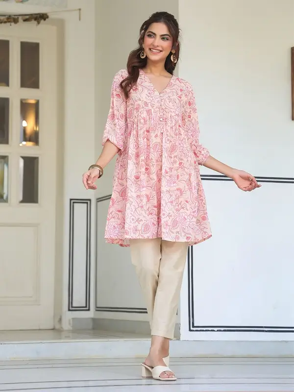 Tunica arricciata in georgette con stampa floreale
