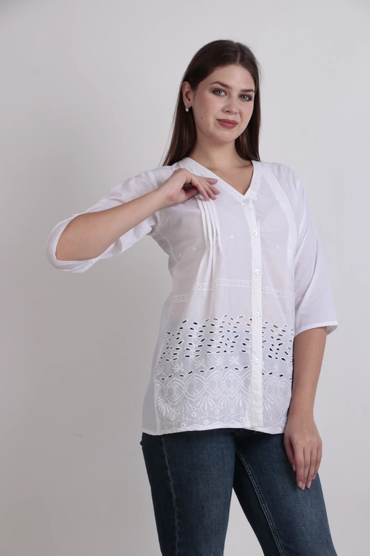 Top da donna in puro cotone con ricamo sul bordo