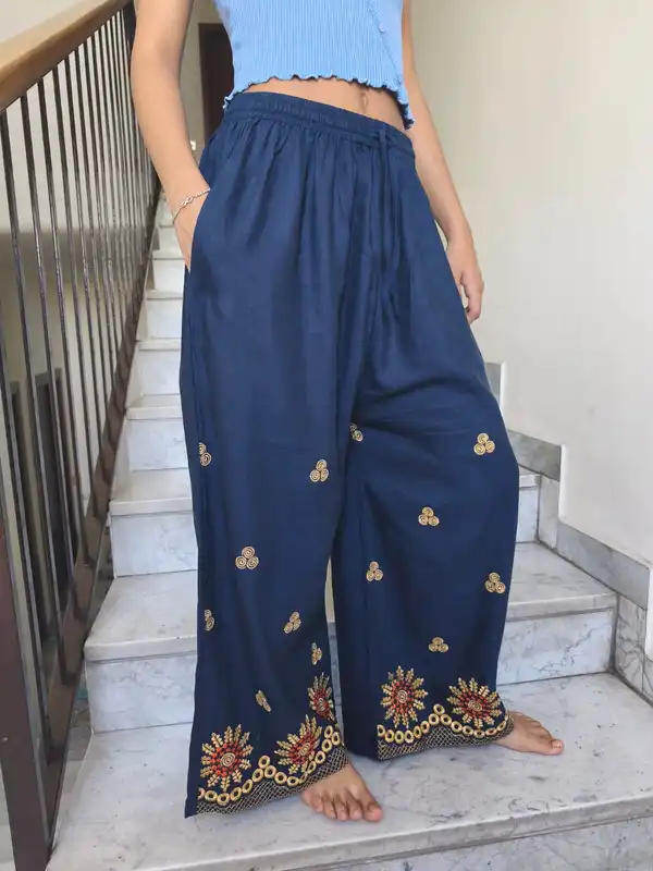 Pantaloni palazzo ricamato a cotton flex