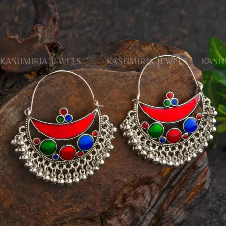 Orecchini antichi in stile Chand Bali, placcati in argento, con smalto multicolore