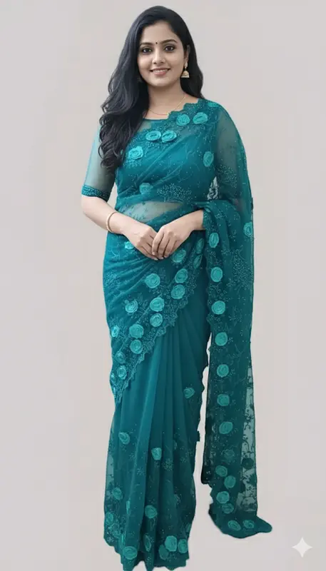 Saree da Festa in Rete Verde Acqua Blu Ricamato, Camicetta e Gonna Pronta