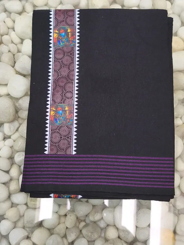Mundu singolo / Otta Mundu / Lungi stampato nero (Kerala Dhoti dell’India meridionale)