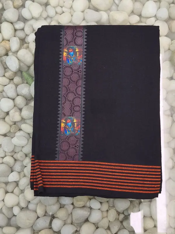 Mundu singolo / Otta Mundu / Lungi stampato nero (Kerala Dhoti dell’India meridionale)