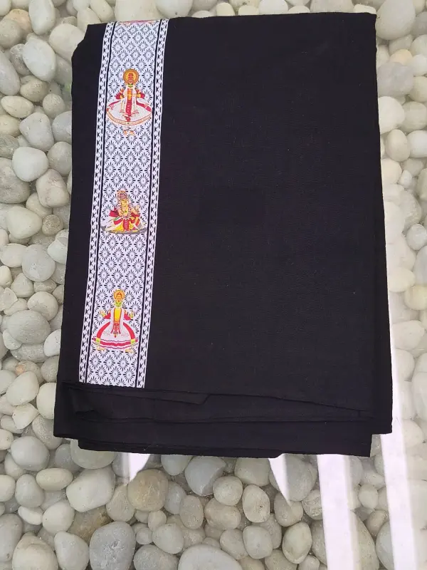 Mundu singolo / Otta Mundu / Lungi stampato nero (Kerala Dhoti dell’India meridionale)