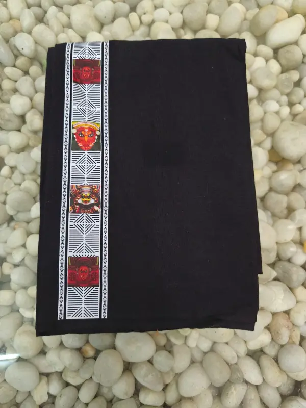 Mundu singolo / Otta Mundu / Lungi stampato nero (Kerala Dhoti dell’India meridionale)