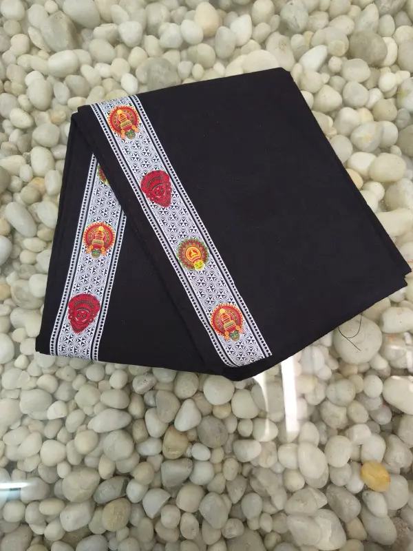 Mundu singolo / Otta Mundu / Lungi stampato nero (Kerala Dhoti dell’India meridionale)