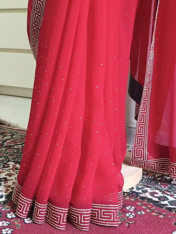 Designer Saree da festa Rosso in Georgette Pesante, Camiceta Pronta