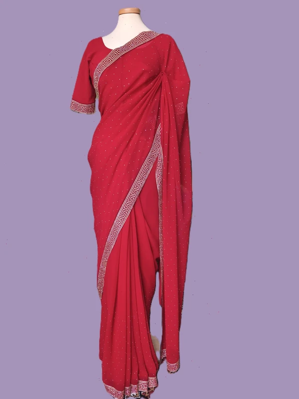 Designer Saree da festa Rosso in Georgette Pesante, Camiceta Pronta