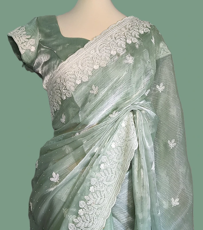 Saree da festa Verde Pastello in Platinum Shiffon, Camicetta Pronta