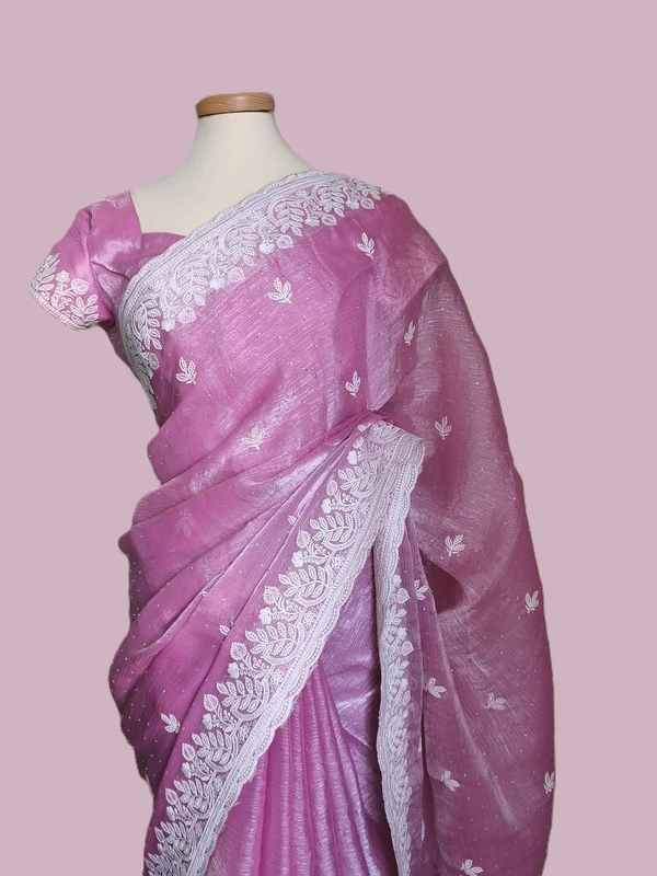 Saree da festa Rosa in Platinum Shiffon, Camicetta Pronta