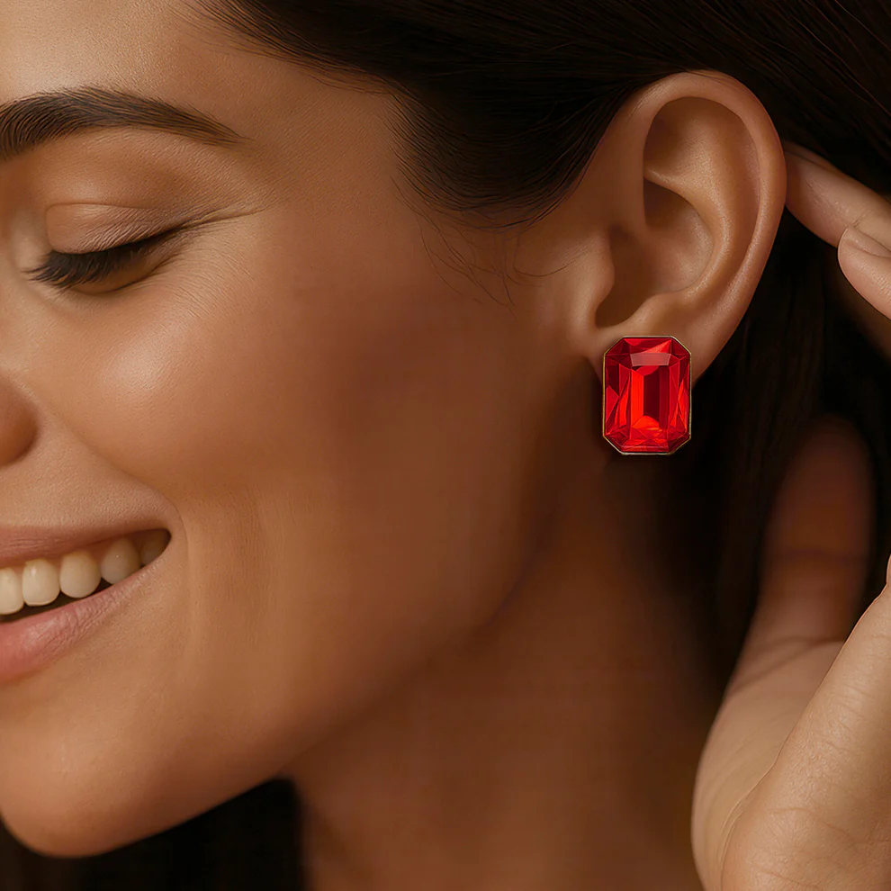 Orecchini rettangolari anti-ossidazione con cristalli rossi siamesi