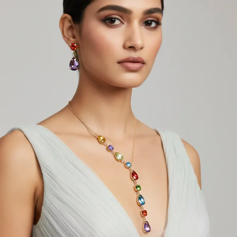 Collana con cristalli multicolori anti-ossidazione e orecchini