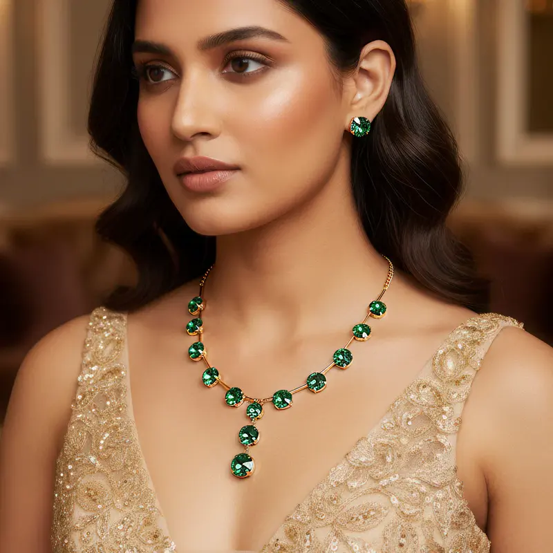 Collana con cristalli placcati oro smeraldo anti-ossidazione e orecchini