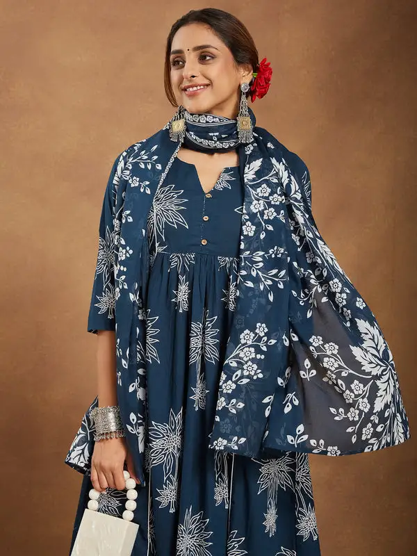 Set Kurta a trapezio in puro cotone blu acqua con stampa floreale