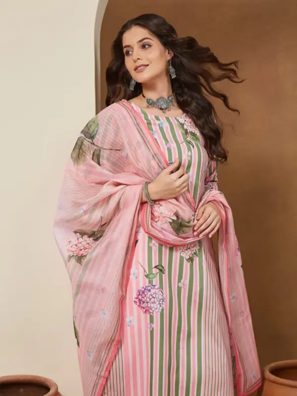 Set Kurta dritto con stampa floreale in misto cotone rosa chiaro