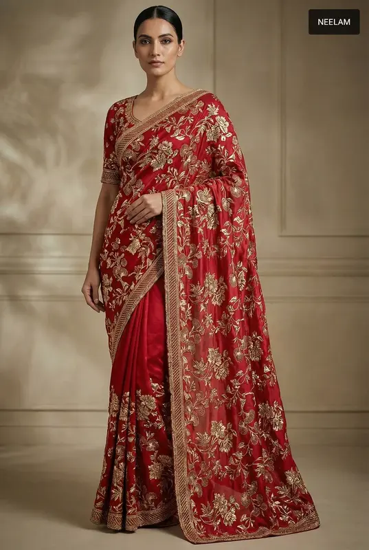 Elegance Smeraldo: Sari in seta satinata premium con ricami pesanti