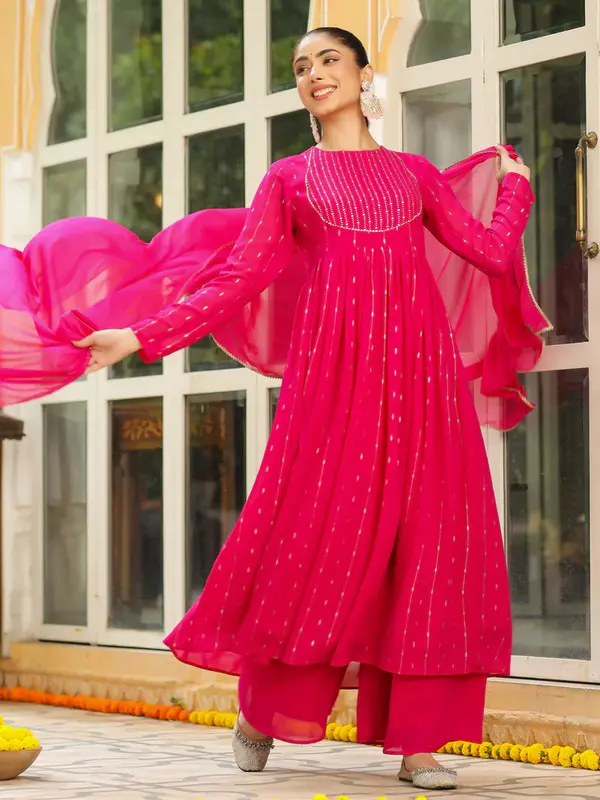 Set Kurta Anarkali in Georgette Rosa con Stampa a Foil