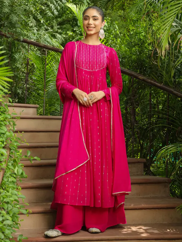Set Kurta Anarkali in Georgette Rosa con Stampa a Foil