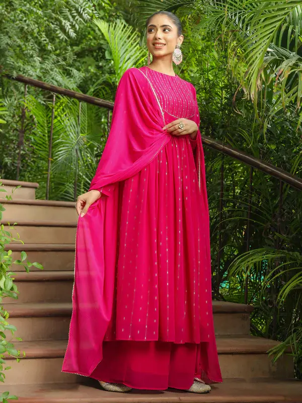 Set Kurta Anarkali in Georgette Rosa con Stampa a Foil