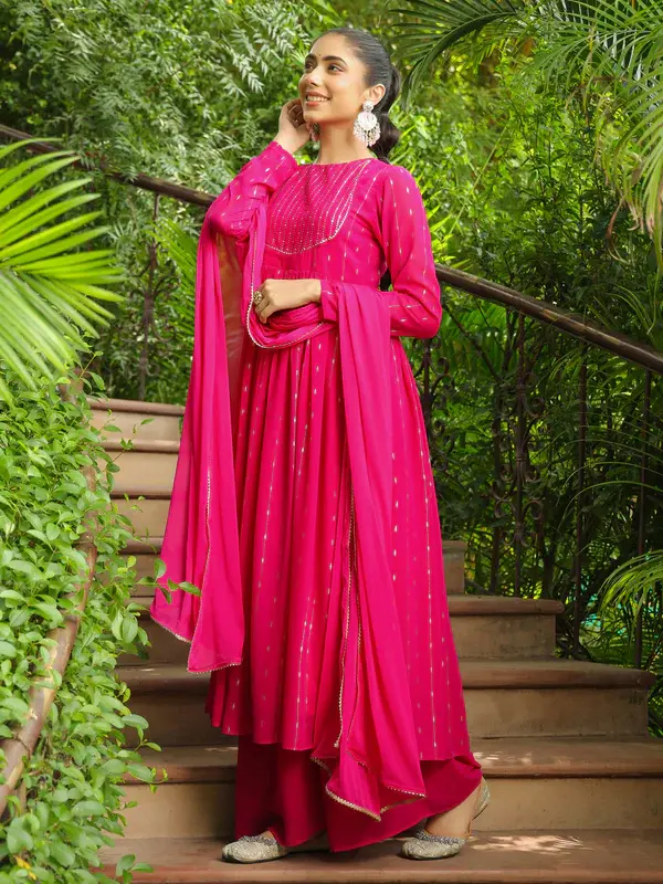 Set Kurta Anarkali in Georgette Rosa con Stampa a Foil