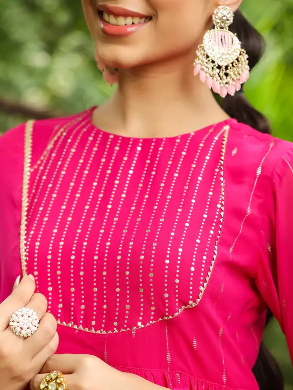 Set Kurta Anarkali in Georgette Rosa con Stampa a Foil