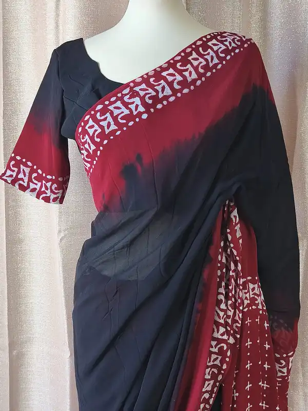 Viscose Georgette Saree Nero con Camicetta Pronta – Elegante Saree Nera da Donna