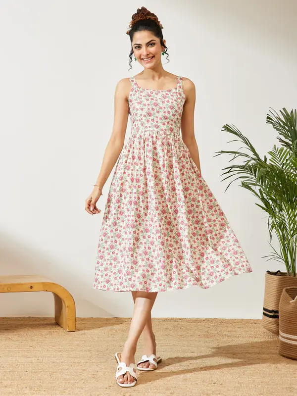 Abito A-line off white in puro cotone con stampa floreale