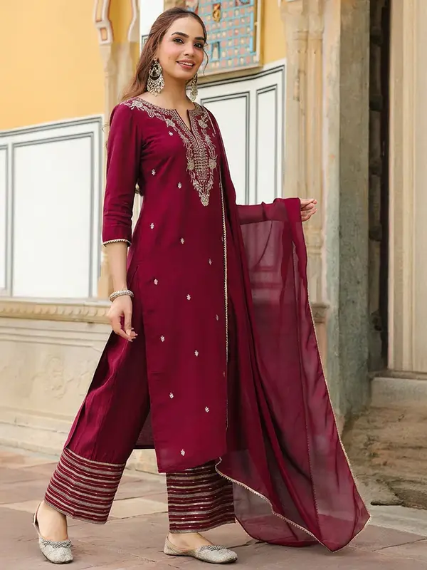Completo Kurta Dritto in Seta Chanderi Color Marrone con Ricamo Zari, Palazzo e Dupatta – Eleganza Tradizionale - immagine 6