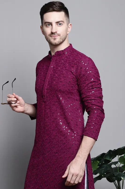 Kurta uomo in puro cotone con ricamo paillettes – abbigliamento etnico elegante