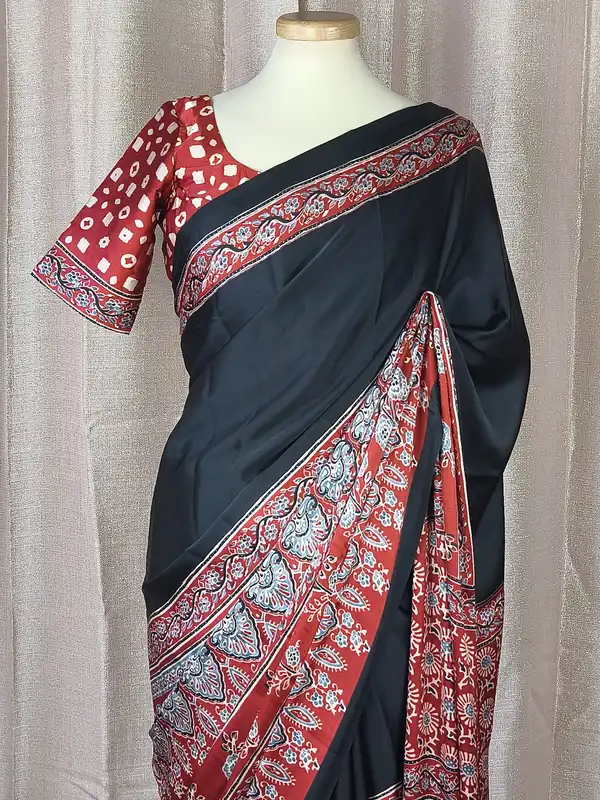Semi-modal seta saree nero con camicetta pronta – elegante saree nera da donna