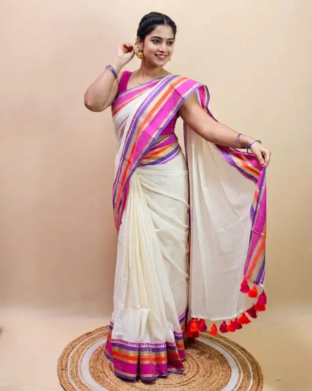 Saree in Puro Cotone Mulcotton 120 Count – Collezione Onam 2026