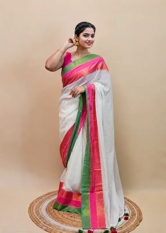 Saree in Puro Cotone Mulcotton 120 Count – Collezione Onam 2026
