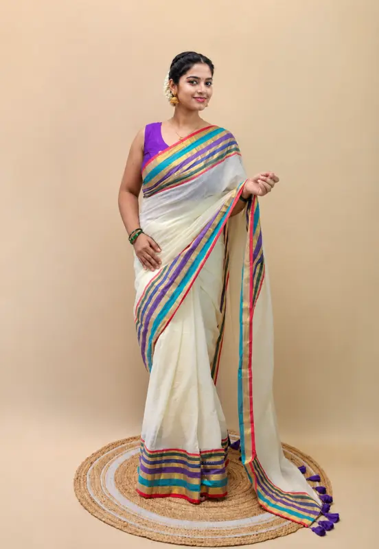 Saree in Puro Cotone Mulcotton 120 Count – Collezione Onam 2026
