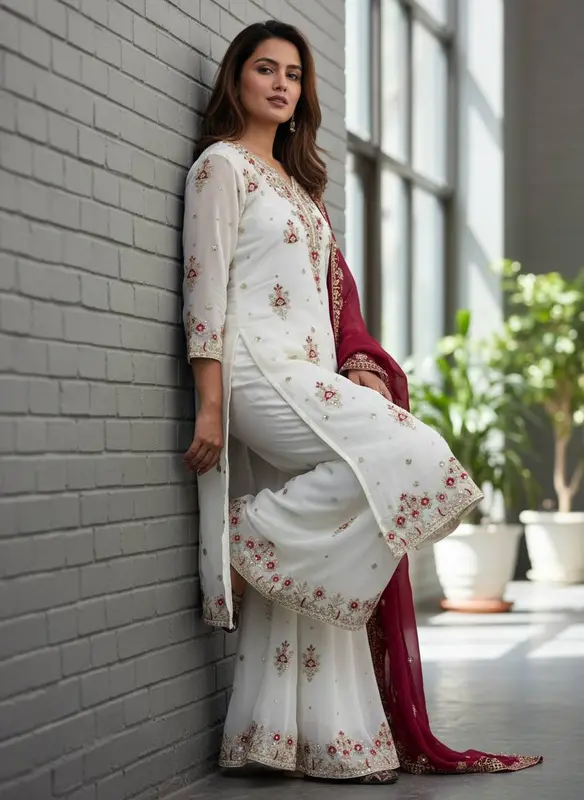 Set Kurti Palazzo Ricamato in Star Georgette con Dupatta