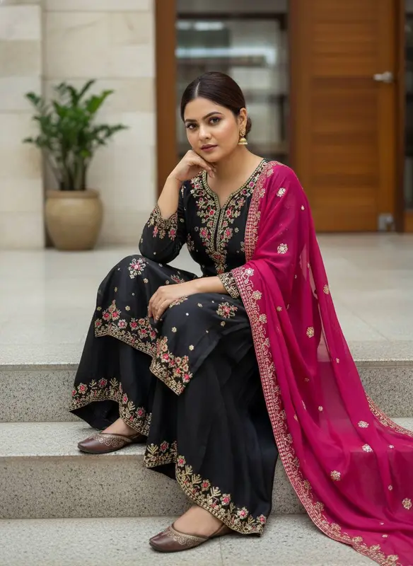 Set Kurti Palazzo Ricamato in Star Georgette con Dupatta